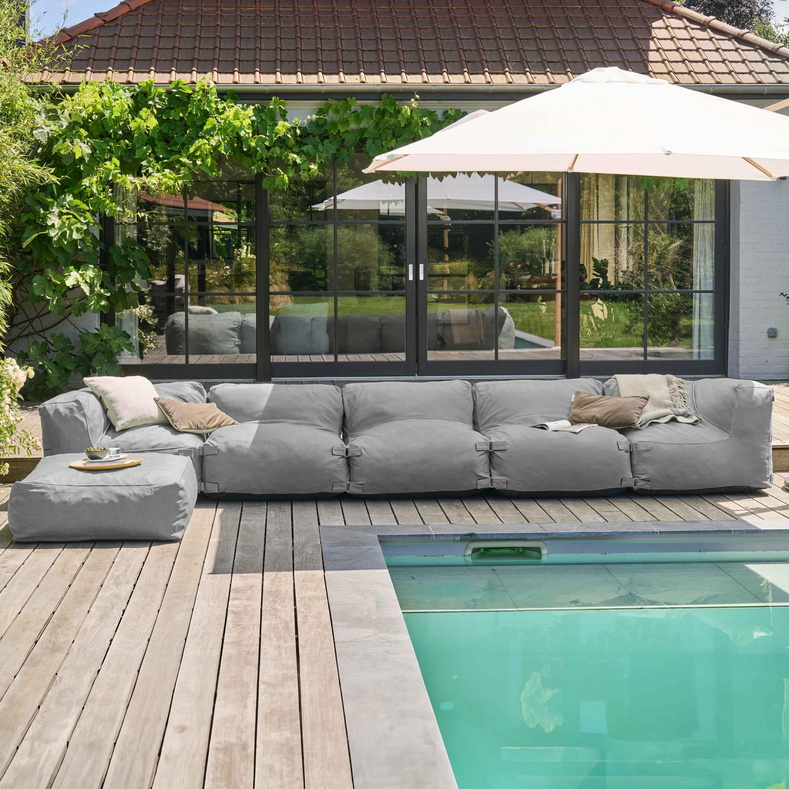 GARTENSOFA mit 6 Sitzplätzen, Grau - Grau, Textil (85/65/510cm) - Oviala