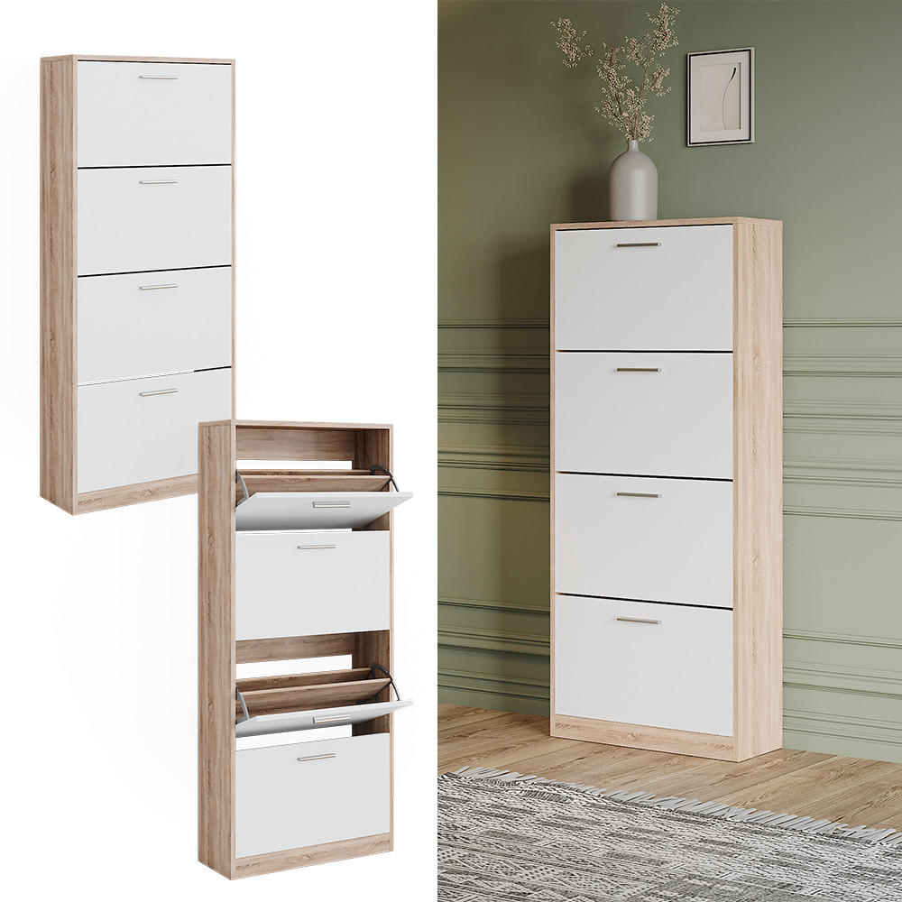 SCHUHKIPPER Gizmo Sonoma/Weiß 59 x 137 cm mit 4 Fächern - Weiß/Sonoma Eiche, Holzwerkstoff (59/137/22cm) - Vicco