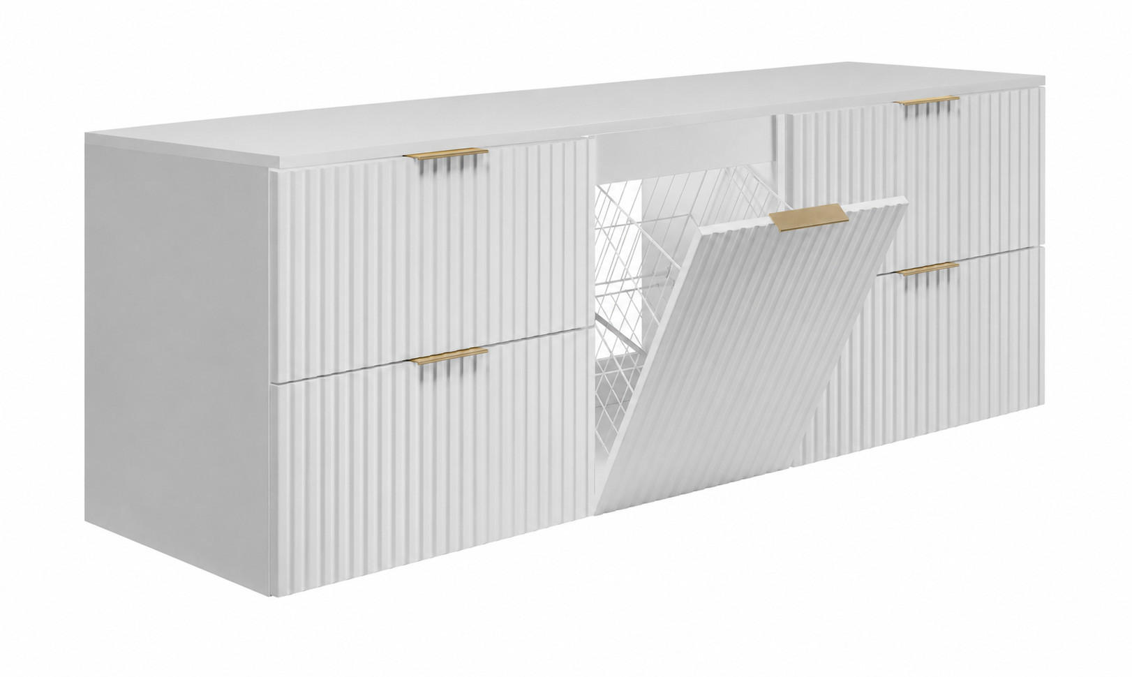 BADMÖBEL-SET MIT WÄSCHEKORB: Weiß, Griffe Gold, 160 x 46 x 57 cm - Goldfarben/Weiß, Holzwerkstoff (160/57/46cm) - 3XE LIVING