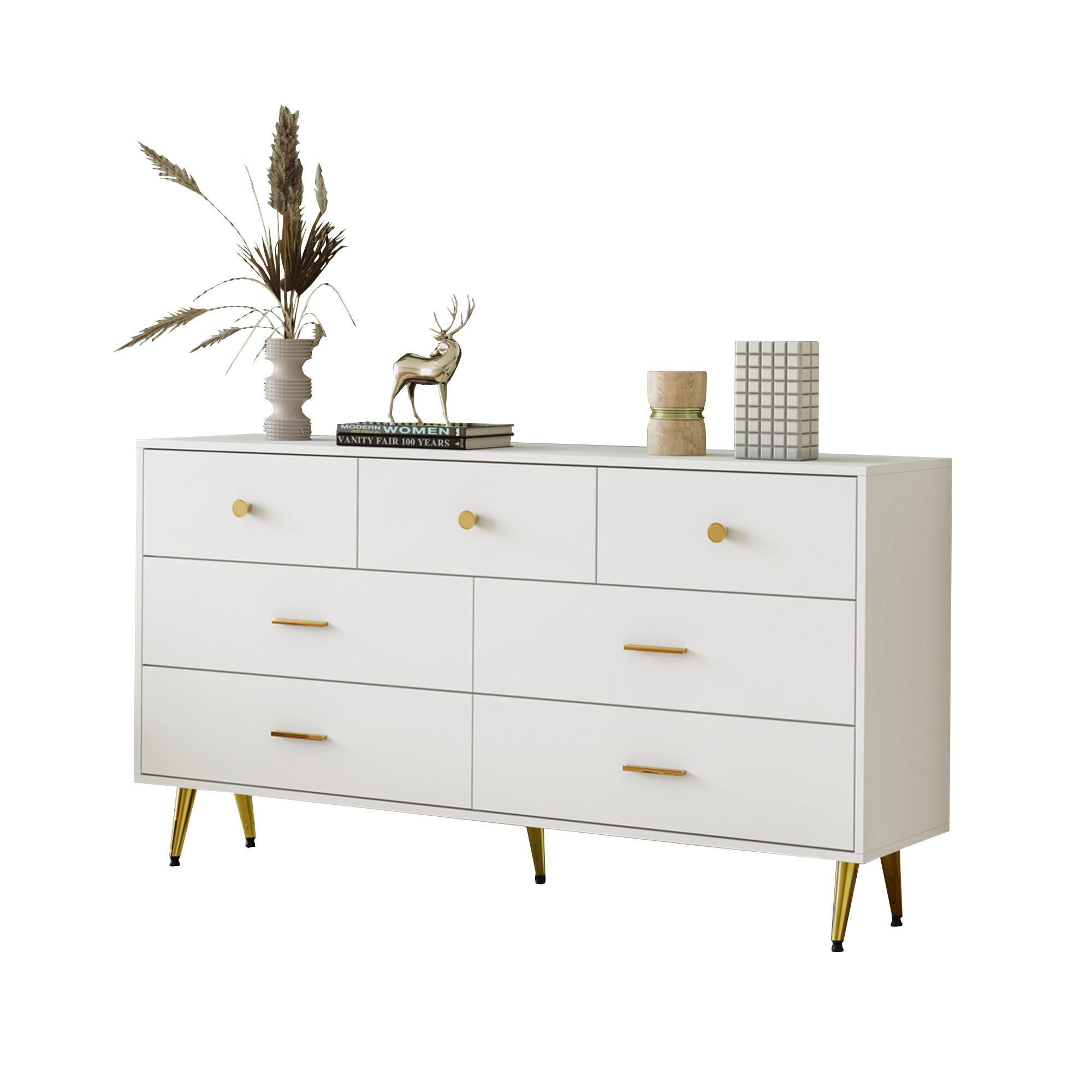 SIDEBOARD aus Spanplatte 140x35x76 cm Weiß mit 7 Schubladen, goldfarbenen Griffen und Metallbeinen - Weiß, Holzwerkstoff (140/76/35cm) - Modfu