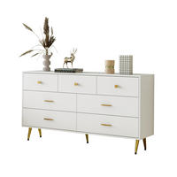 SIDEBOARD aus Spanplatte 140x35x76 cm Weiß mit 7 Schubladen, goldfarbenen Griffen und Metallbeinen - Weiß, Holzwerkstoff (140/76/35cm) - Modfu