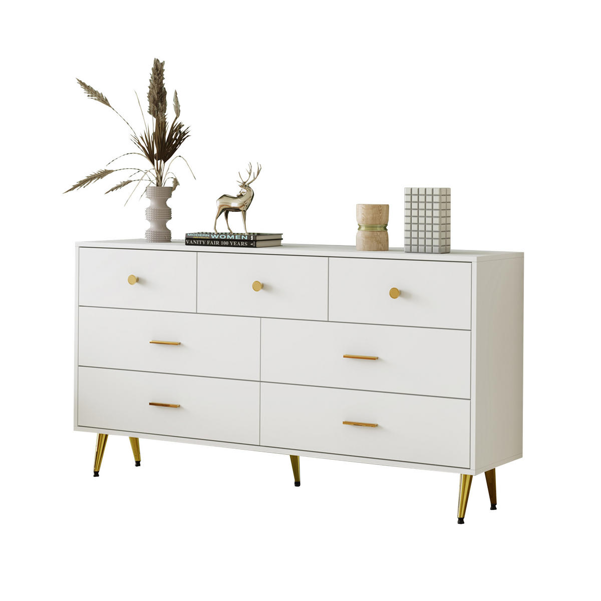 SIDEBOARD mit 7 Schubladen, mit goldenen Griffen und goldenen Beinen, 140/35/76 cm, Weiß - Weiß, Holzwerkstoff (140/76/35cm) - Redom