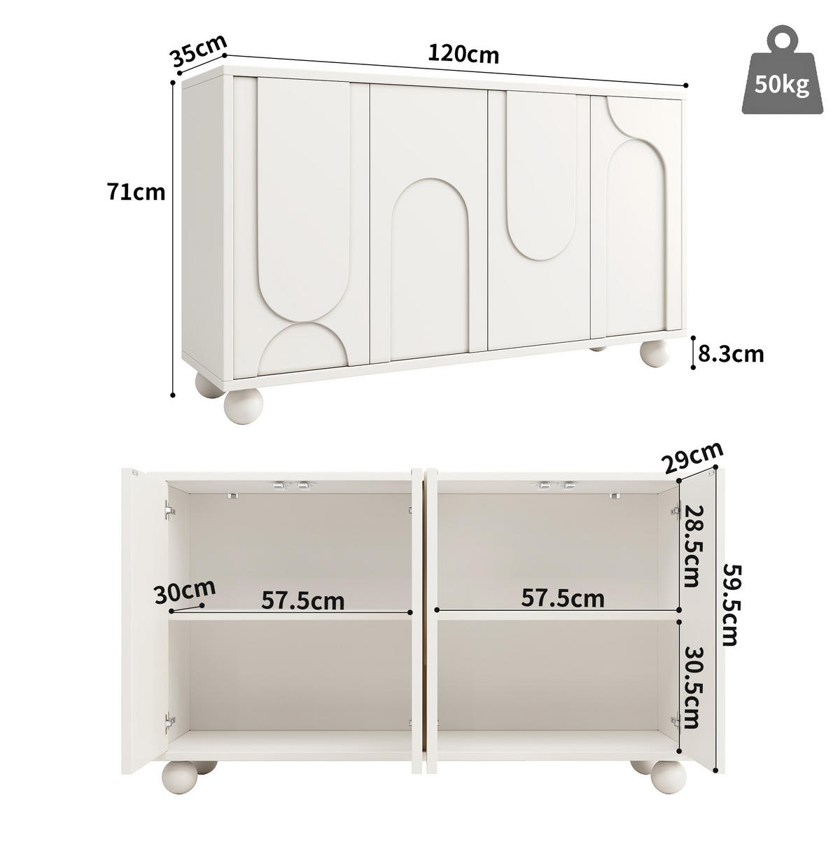 SIDEBOARD 120/35/71 cm aus MDF mit verstellbarem Einlegeboden Weiß/Creme - Weiß, Holzwerkstoff (120/71/35cm) - Modenvie