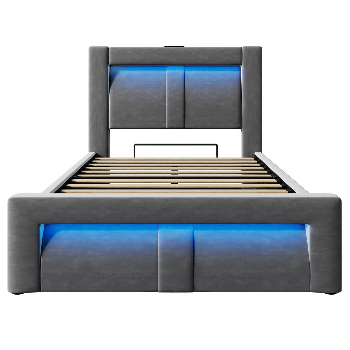 POLSTERBETT 90/200 cm Grau aus Samt mit Stauraum und LED-Beleuchtung - Grau, Textil (90/200cm) - OKWISH