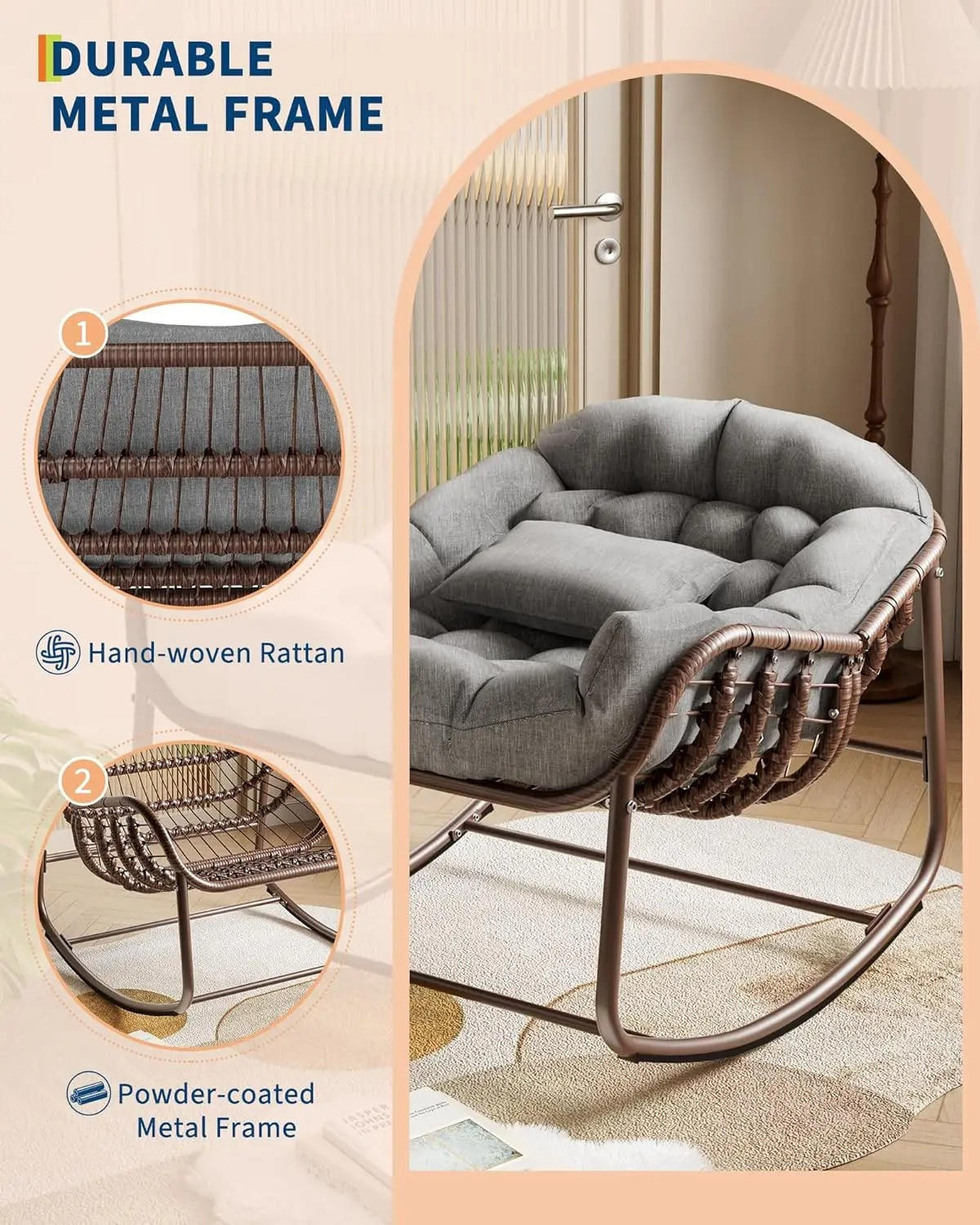 SCHAUKELSTUHL Rattan mit dicker Polsterung, großer Lounge-Eierstuhl für Garten und Innenbereich, Grau - Grau, Textil (83/64/92cm) - Kaket