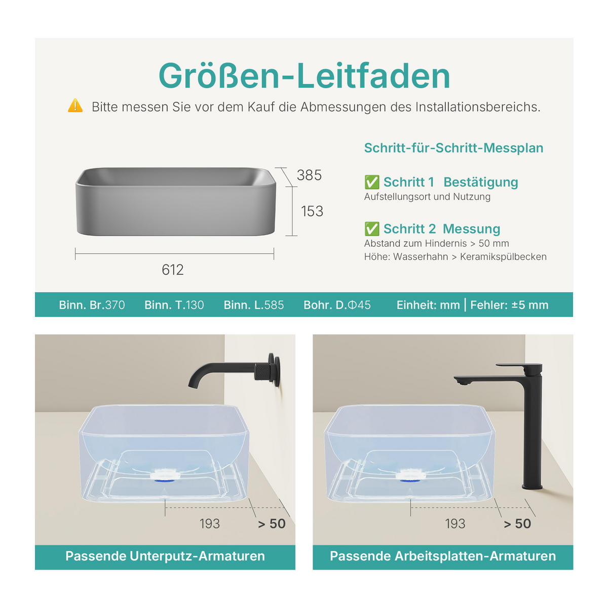 WASCHBECKEN Hochwertiges Keramik Grau Matt 61 / 38 / 15 cm - Schwarz, Keramik (38/15/61cm) - EMKE