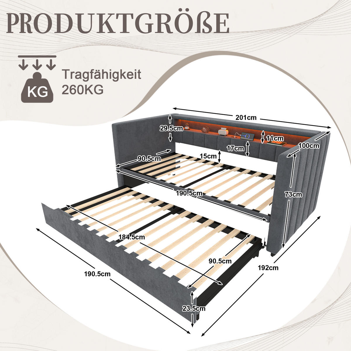 BETT mit Stauraum & Ausziehbett mit USB-C Anschluss und LED-Beleuchtung Beige 196/82-144/85 cm - Dunkelgrau, Textil - OKWISH