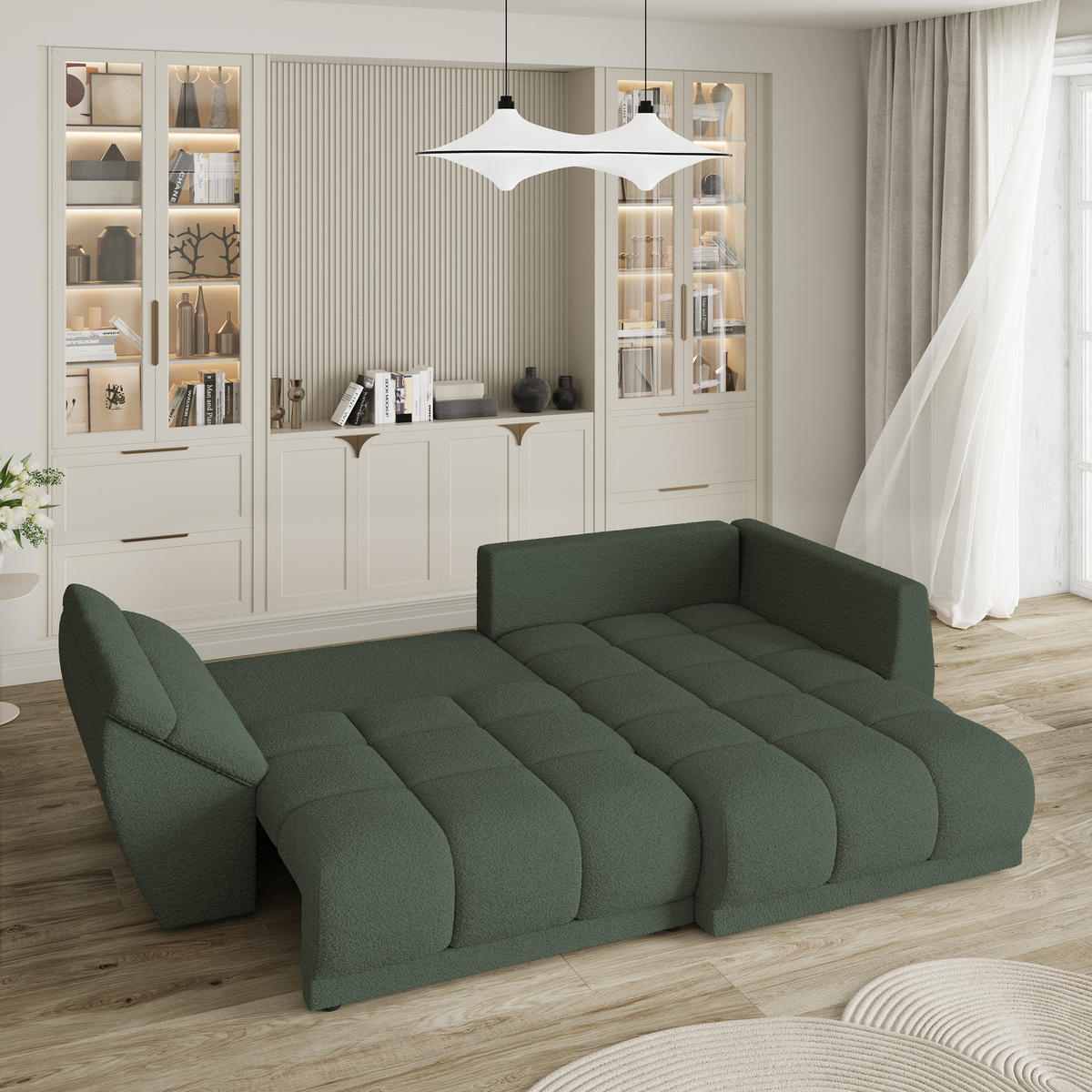 ECKSOFA ORENTI R-S Grün Boucle-Stoff mit Schlaffunktion - Grün, Holz (287/182cm) - MASSENO