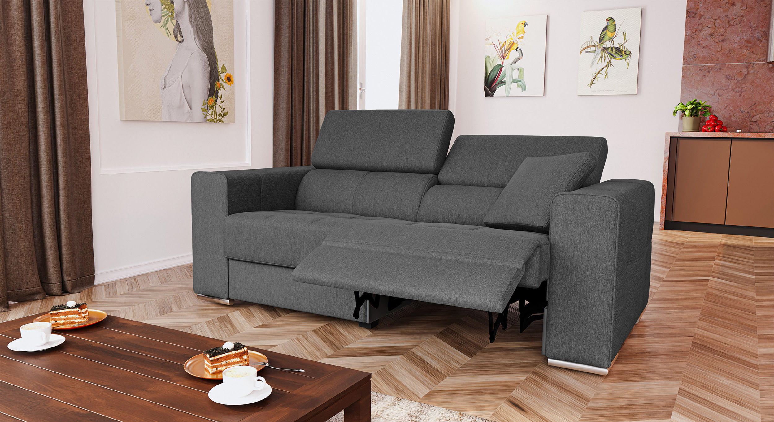 SOFA QUARTZ 3-Sitzer mit 1 Relaxfunktion, dunkelgrau - Dunkelgrau/Silberfarben, Holzwerkstoff/Textil (204/80/102cm) - Courtois Laville
