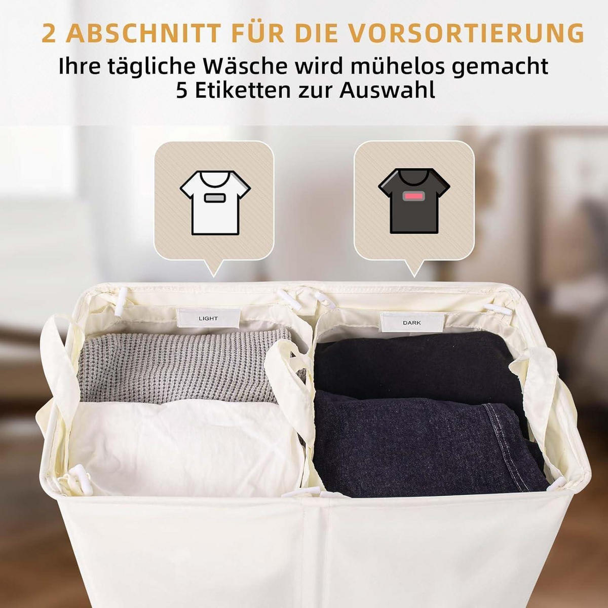 WÄSCHEKORB mit Deckel 135L 2 Fächer Beige - Weiß, Textil (35/69/58cm)