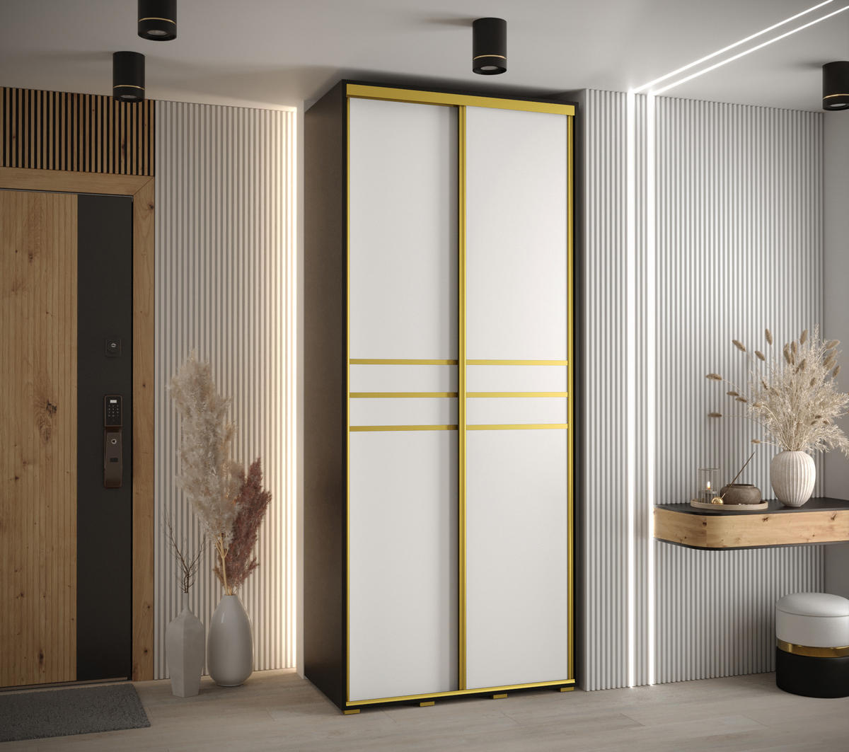 SCHWEBETÜRENSCHRANK 235,2/100/45 2-türig - Goldfarben/Schwarz, Holz/Metall (100/235/45cm) - Abiks Möbel