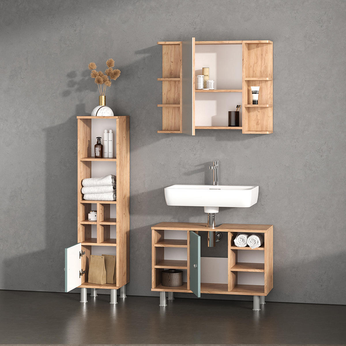 BADMÖBEL-SET Fucino Grün 2 Teile, Unterschrank 80 cm - Eiche Wotan/Grün, Holzwerkstoff (60/54/32cm) - Livinity®