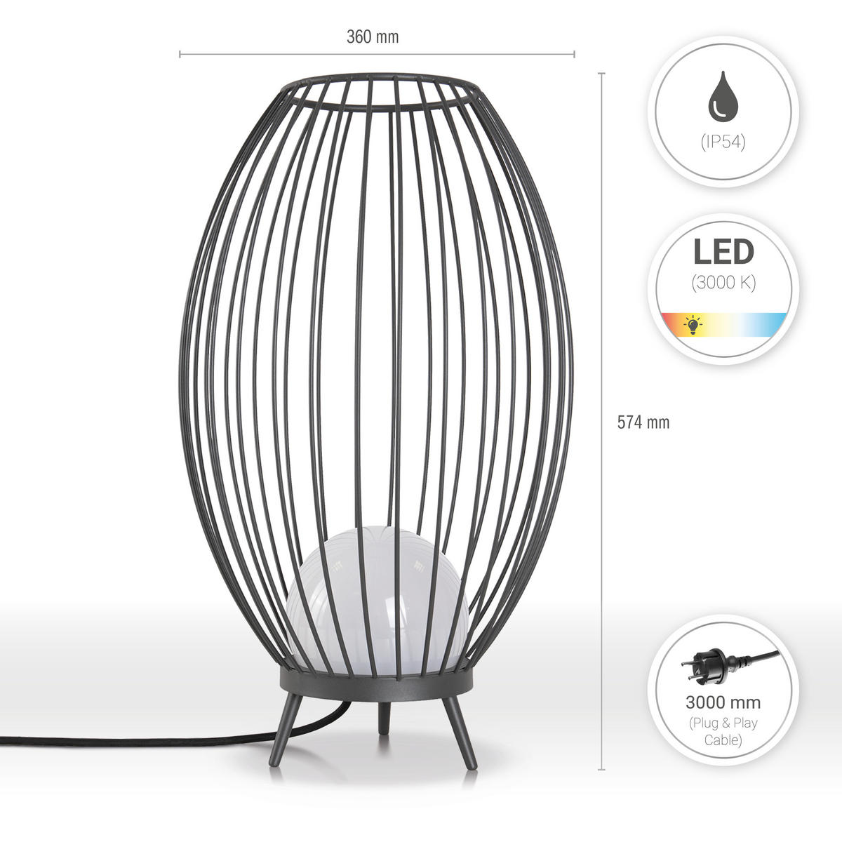 STEHLEUCHTE Auzzurra - Anthrazit, Metall (36/36/57.4cm) - Paco Home