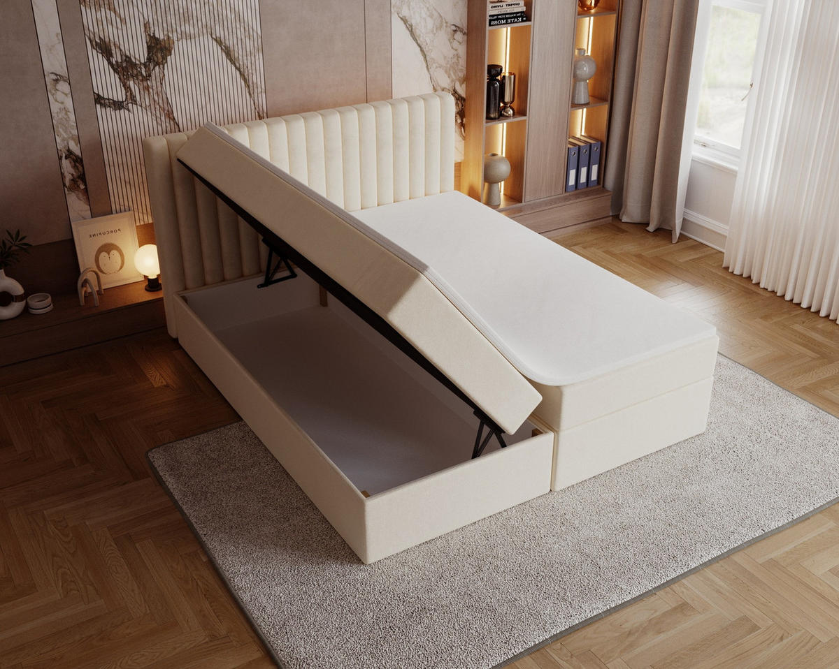 BOXSPRINGBETT 140x200 Daliro, Samt, Bettkasten, Matratze H3, Vanille - Ecru, Holz/Textil (140/200cm) - Emporius