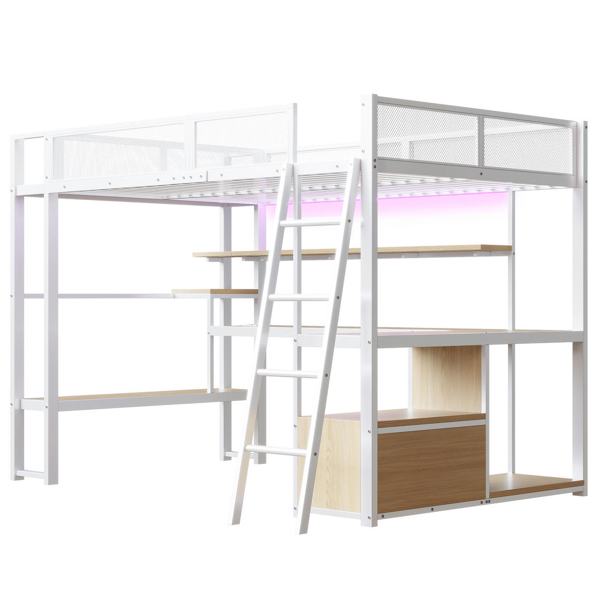 HOCHBETT aus Metall und MDF 140x200 cm Weiß mit Schreibtisch, LED-Beleuchtung, Ladestation und Stauraum - Weiß, Holzwerkstoff (140/200cm) - Modfu