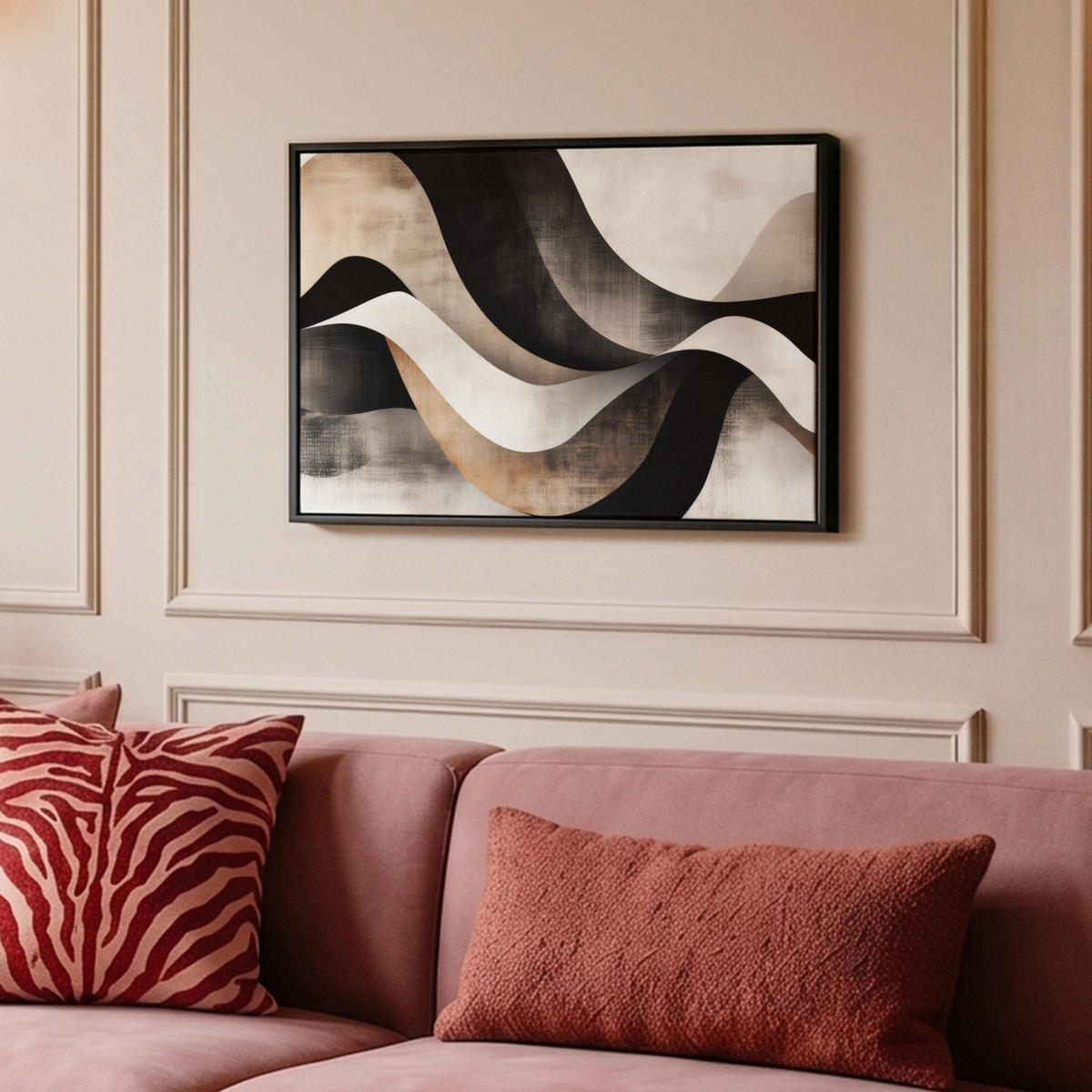 LEINWAND Bilder mit Rahmen - Abstrakt - Wellen - Schwarz - Verwittert - 60x40 - Trüffeleichefarben, Textil (60/40cm) - MuchoWow