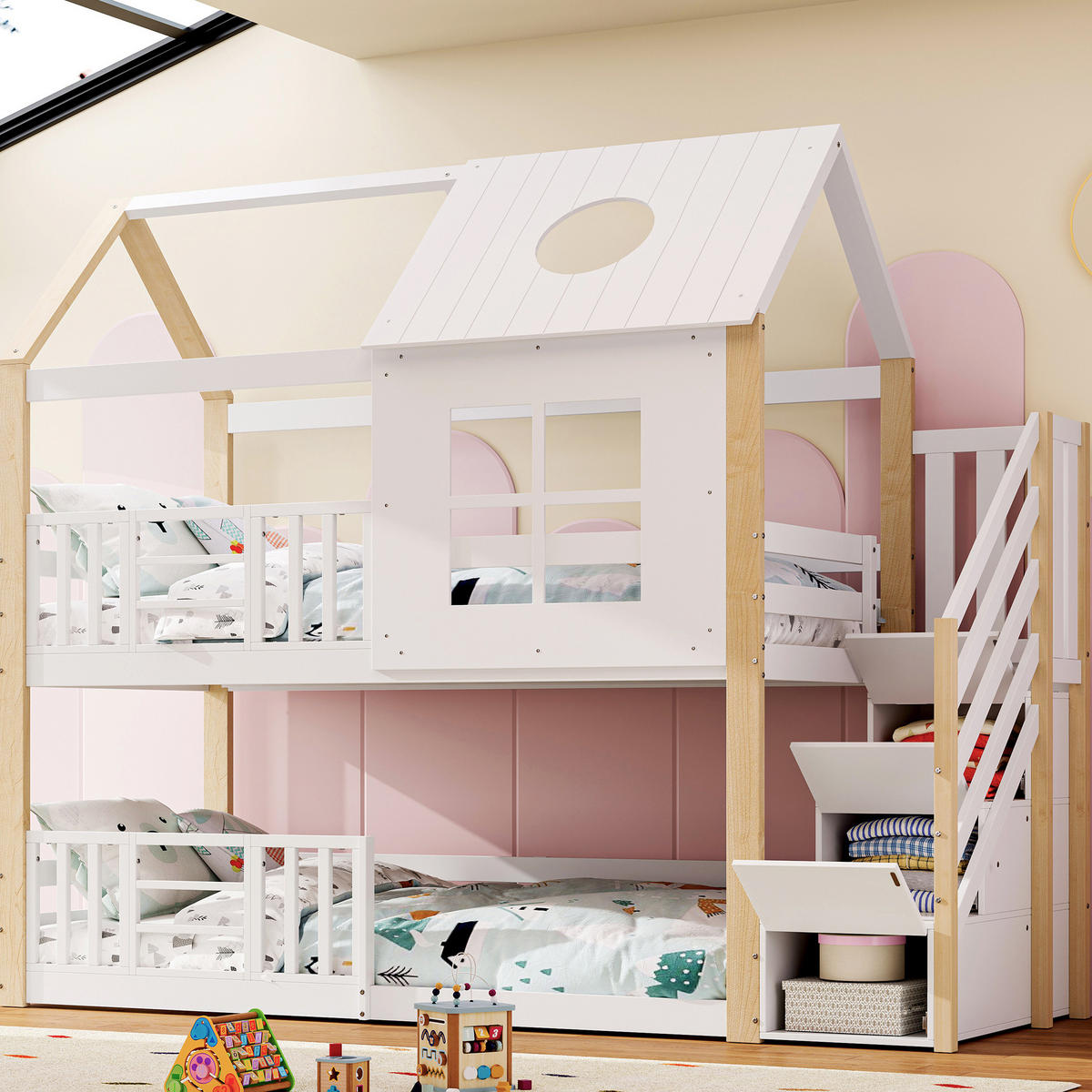 ETAGENBETT 95/200 cm Weiß/Natur aus Kiefer und MDF mit Treppenschrank - Weiß, Holz (90/200cm) - OKWISH