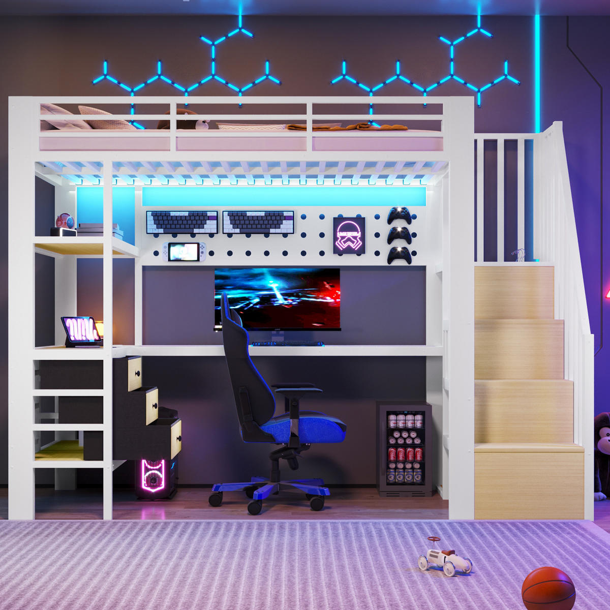 HOCHBETT 90/200 cm aus MDF und Metall mit Schublade, Lochwand, Tisch, LED-Licht, Weiß - Weiß, Holzwerkstoff (90/200cm) - OKMYHOME