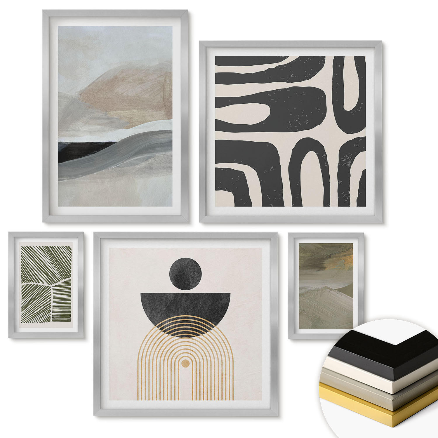 WANDBILDER 5er Set - 50x50 cm & 20x30 cm & 40x60 cm Silberner Rahmen - Gemalte abstrakte Dekorationen - Silberfarben, Kunststoff (40/60cm) - ArtPrintCave