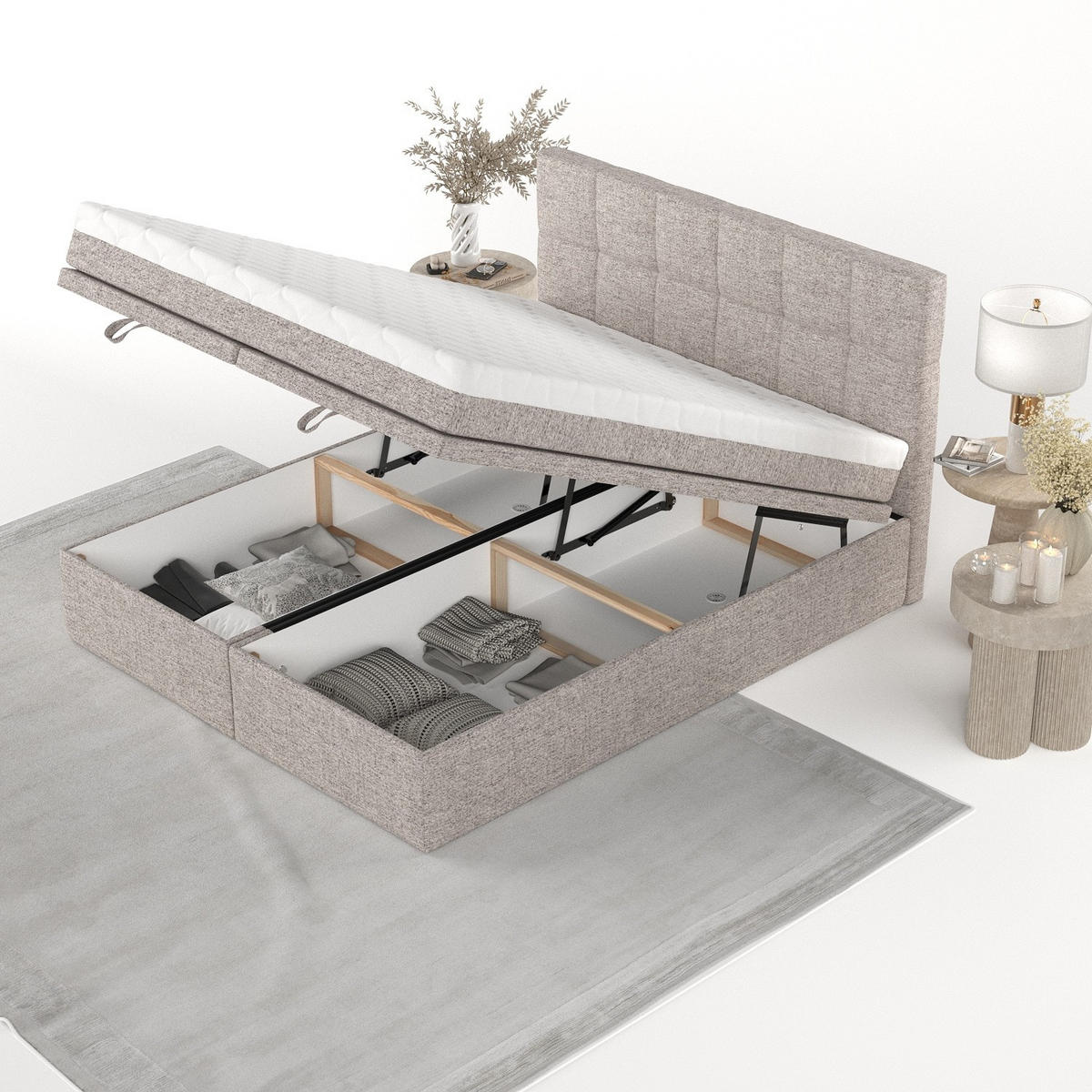 BOXBETT Elano 200/200 cm Beige im Neve Stoff - Beige/Schwarz, Holz/Holzwerkstoff (200/200cm) - AltaBeds
