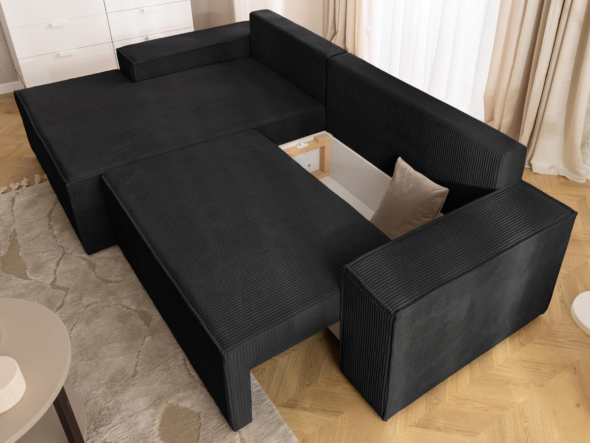 ECKSOFA Rivio mit Schlaffunktion und Bettkasten, Cordstoff Schwarz - Schwarz, Holz/Kunststoff (149/262cm) - S-Style