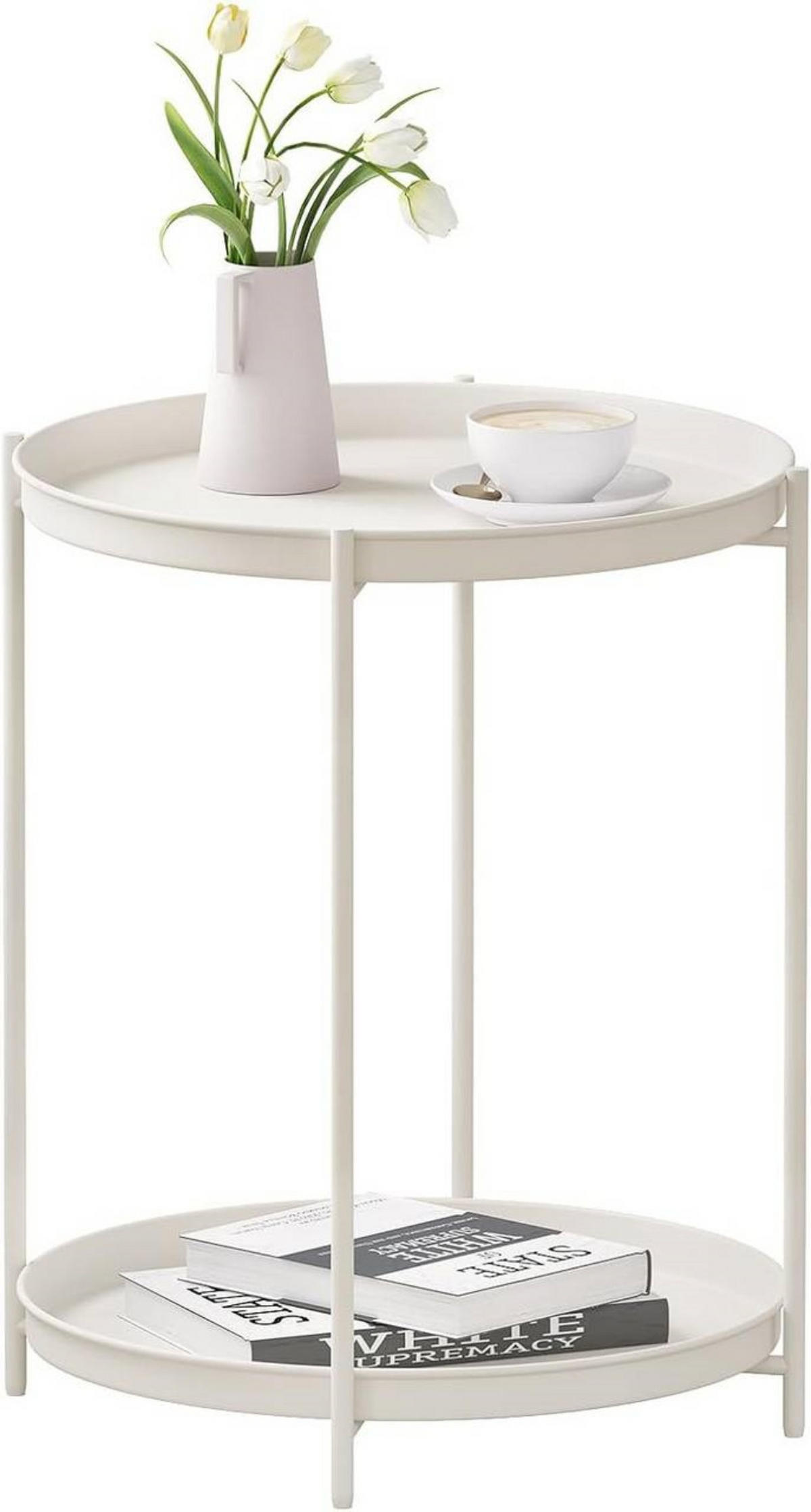 COUCHTISCH rund, mit Stauraum, Metall, Creme - Creme, Metall (44/44/53cm) - Woltu