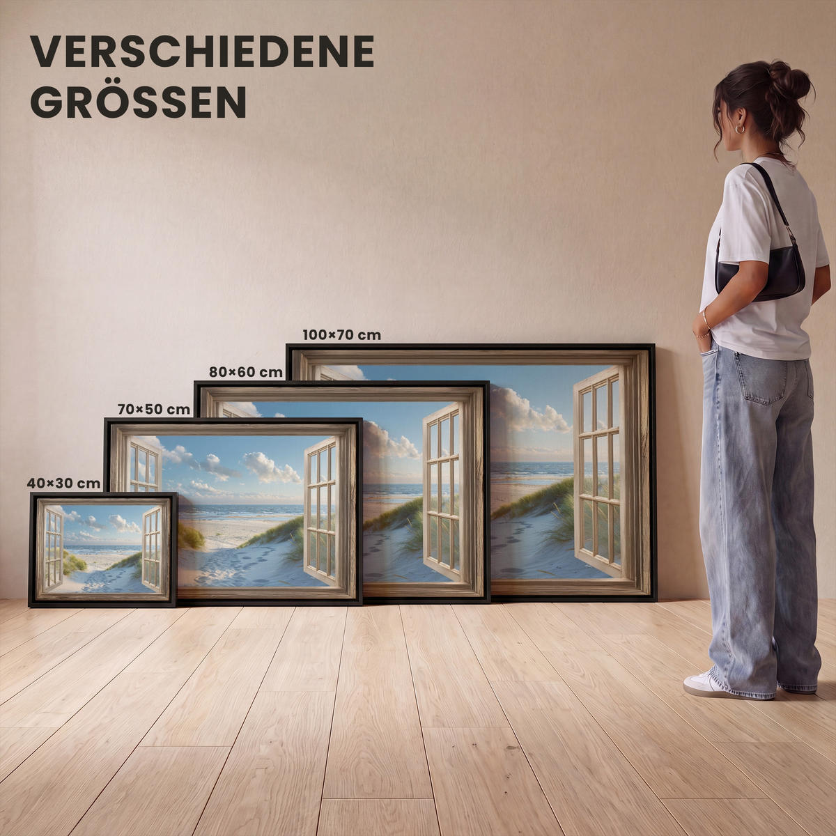 LEINWAND Bilder mit Rahmen - Aussicht - Strand - Fenster - Dünen - Meer - 70x50 - Hellblau, Textil (70/50cm) - MuchoWow