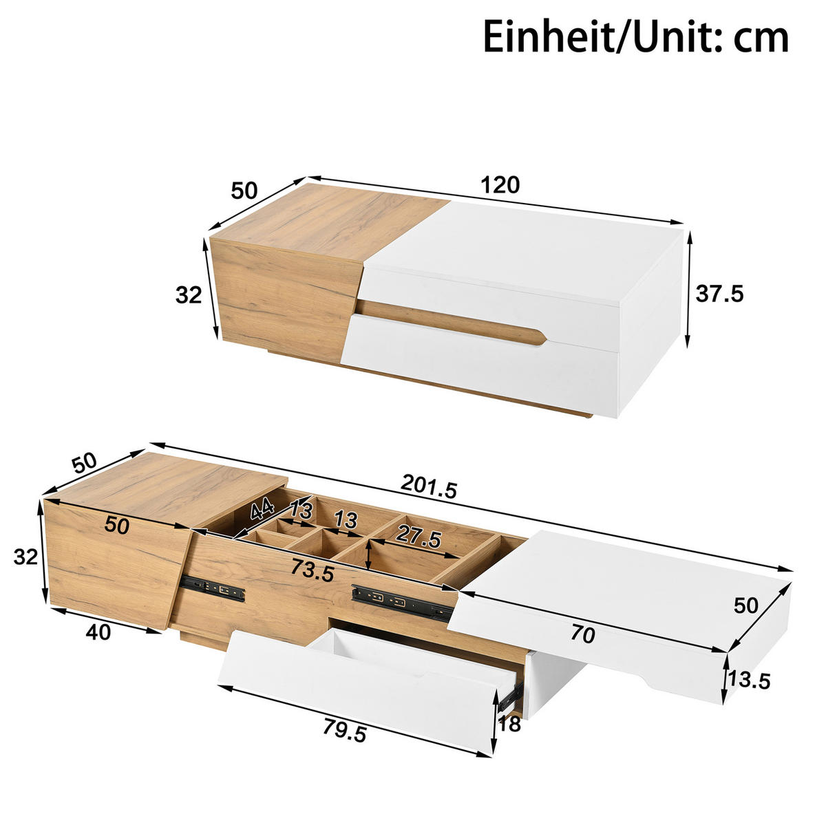 COUCHTISCH aus MDF 120x50x37,5 cm in Weiß mit Schiebedesign & 2 Schubladen - Weiß, Holzwerkstoff (120/50/37.5cm) - Modfu