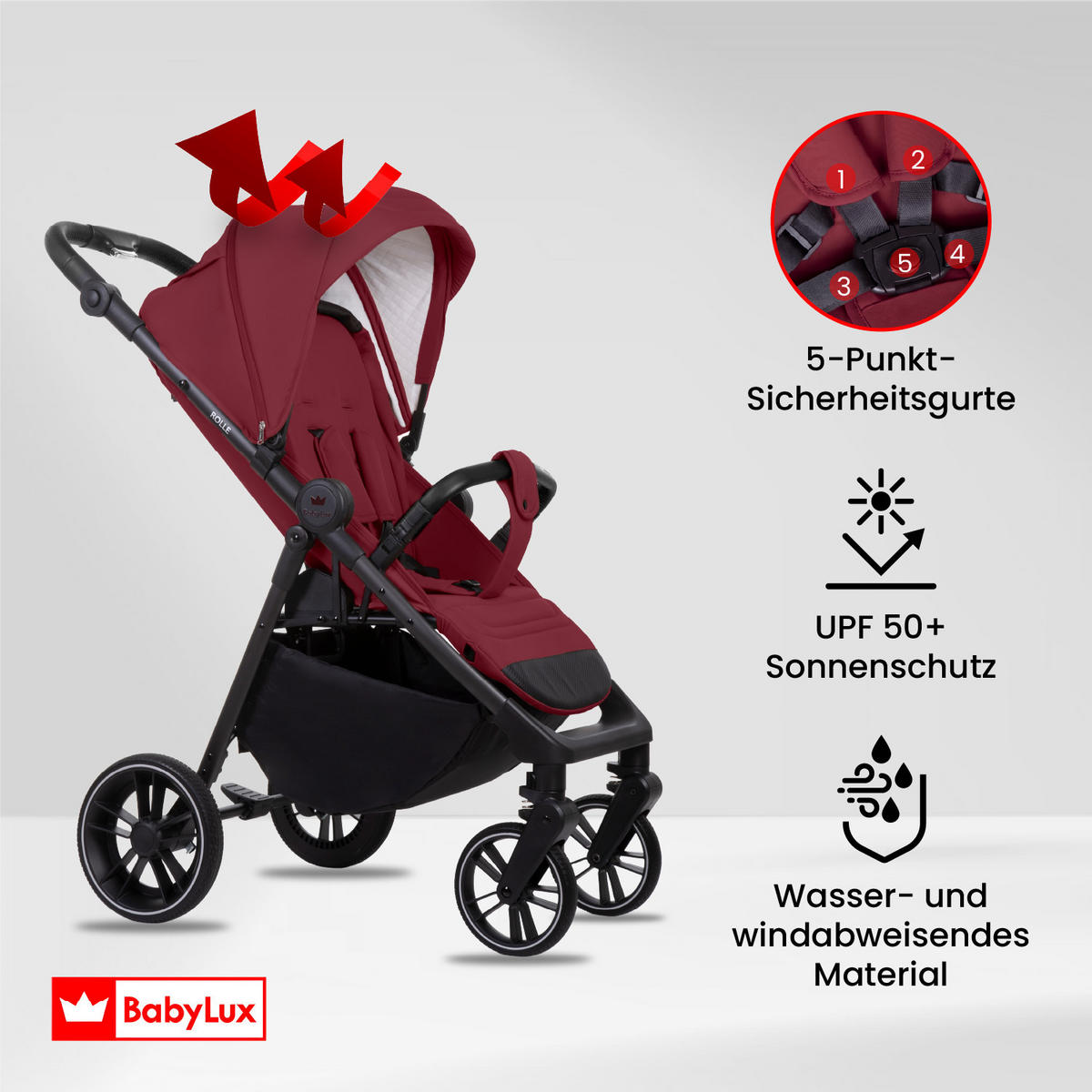 BUGGY Rolle, Klein und Leicht, Teleskopische Führung, Kompakt Faltbar, Wickeltasche, Reisetasche - Rot/Schwarz, Textil/Metall (58/99cm) - BabyLux