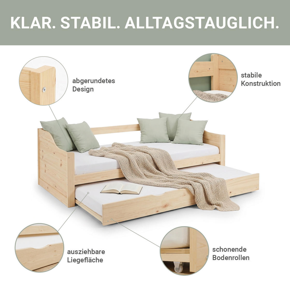 AUSZIEHBETT 90/200 cm Natur - Naturfarben, Holz (90/200cm) - Homestyle4u