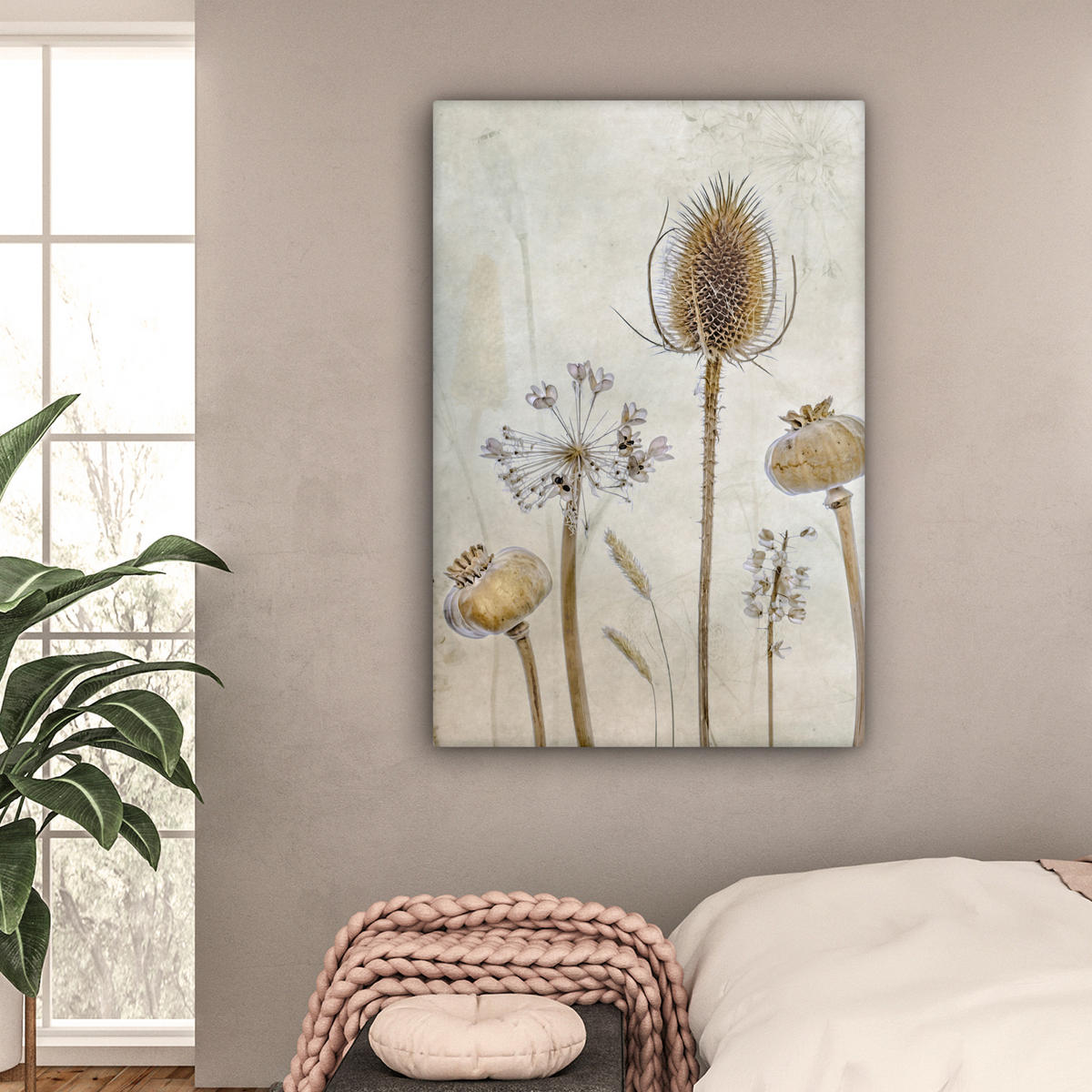 LEINWANDBILD Blumen - Aquarell - Stilleben - Braun - Vintage 80x120 cm - Beige, Textil (80/120cm) - MuchoWow