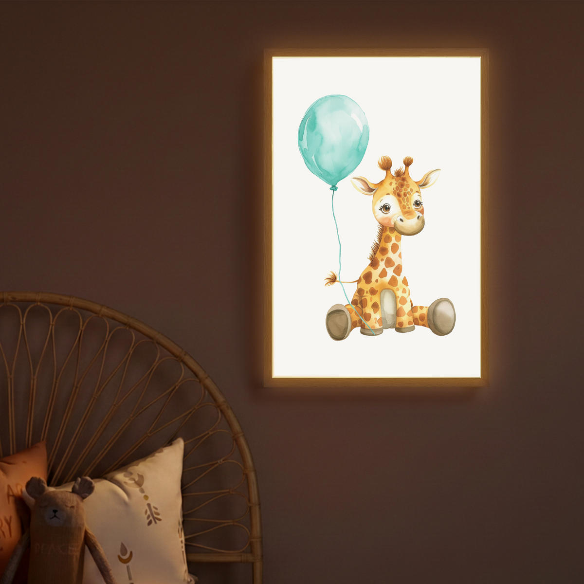 NACHTTISCHLAMPE MIT AKKU Giraffe - Baby - Tiere - Blauer Ballon 40x60 cm - Weiß, Holzwerkstoff (8/40/60cm) - OnlyWow