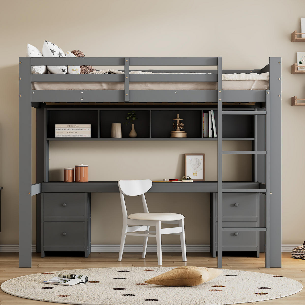 HOCHBETT mit Schreibtisch 90/200 cm in Grau – mit Stauraum und Rausfallschutz - Grau, Holz (90/200cm) - BEAOK