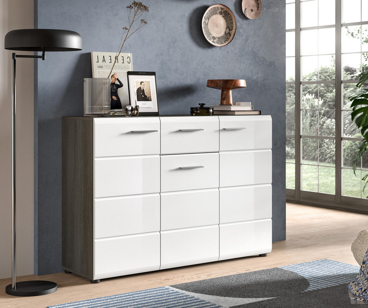SIDEBOARD weiß Hochglanz, grau 120 cm, Kommode viel Stauraum - Weiß Hochglanz/Silberfarben, Holzwerkstoff/Kunststoff (120/85/37cm) - Inn.Furn