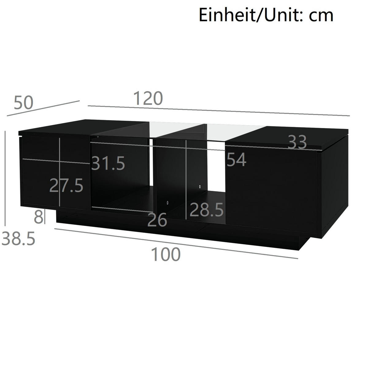 COUCHTISCH aus Glas und Holzwerkstoff 120x50x38,5 cm in Schwarz mit LED - Schwarz, Holzwerkstoff (120/50/38.5cm) - Modfu