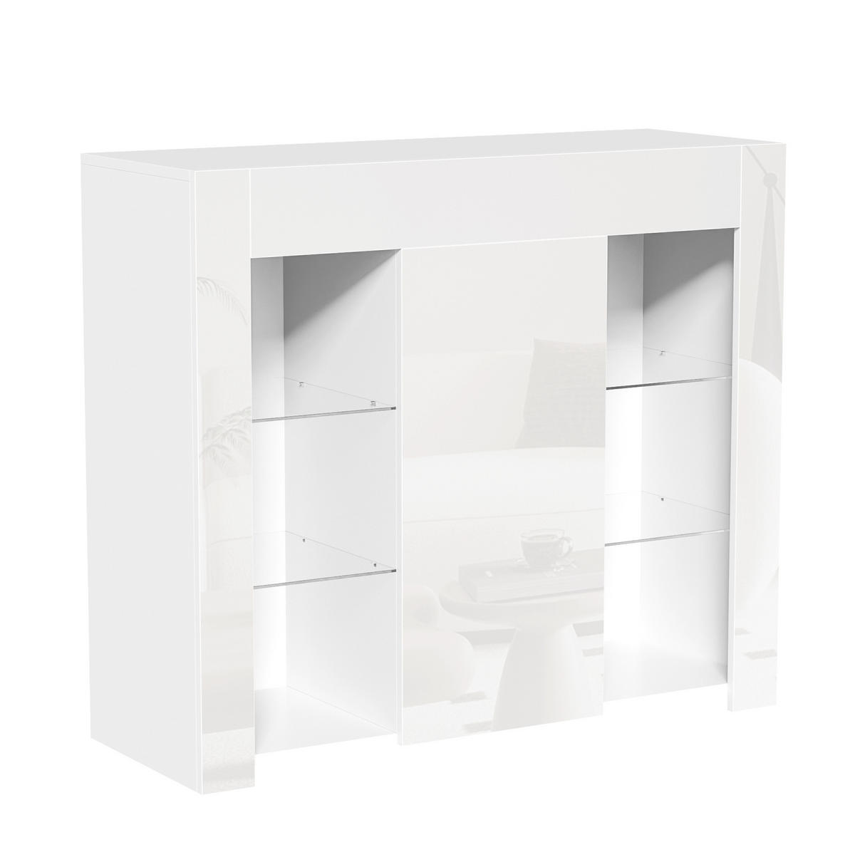 SIDEBOARD aus Spanplatte 95x35x83 cm Weiß mit Hochglanzfront, Glasregalen und Schranktür - Weiß, Holzwerkstoff (95/83/35cm) - Modfu