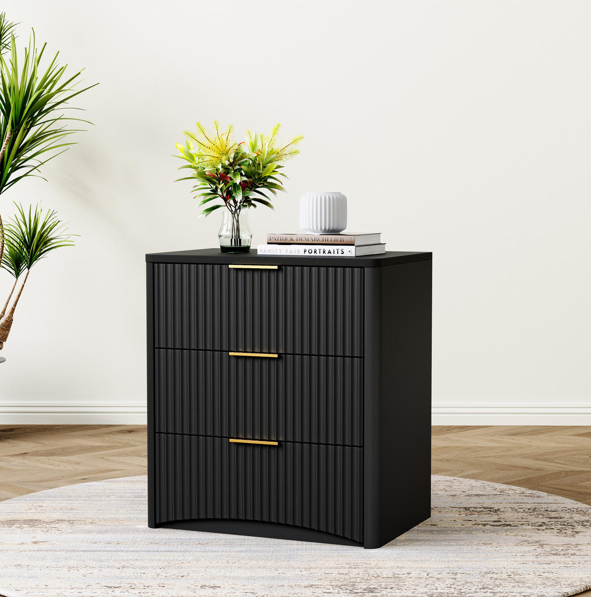 NACHTTISCH 58/38/64 cm in Schwarz mit 3 Schubladen und Rillenfront - Schwarz, Holzwerkstoff (38/64/58cm) - Flora Grace