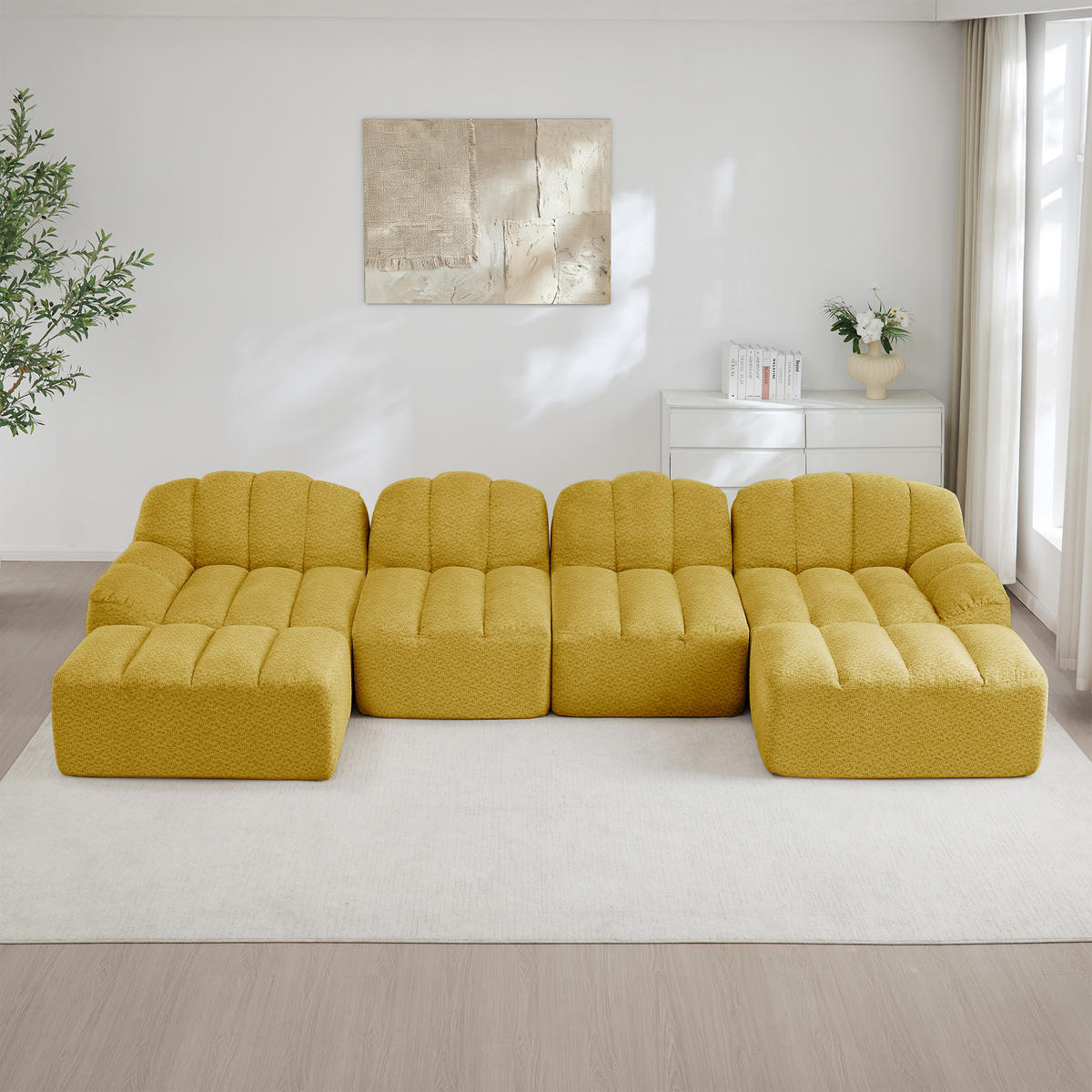 4-SITZER Sofa 366x165x79 cm aus granuliertem Fleece rahmenlos modular mit 2 Ottomans, gelb - Gelb, Textil (165/79/366cm) - Luhomfu