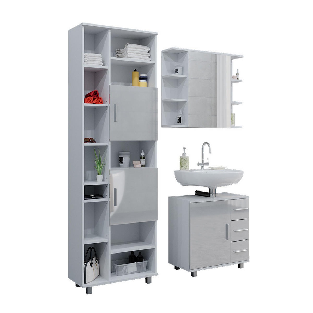 BADMÖBEL-SET Ilias Weiß Hochglanz 3 Teile, mit Hochschrank - Weiß Hochglanz/Weiß, Holzwerkstoff (60/60.8/33cm) - Vicco