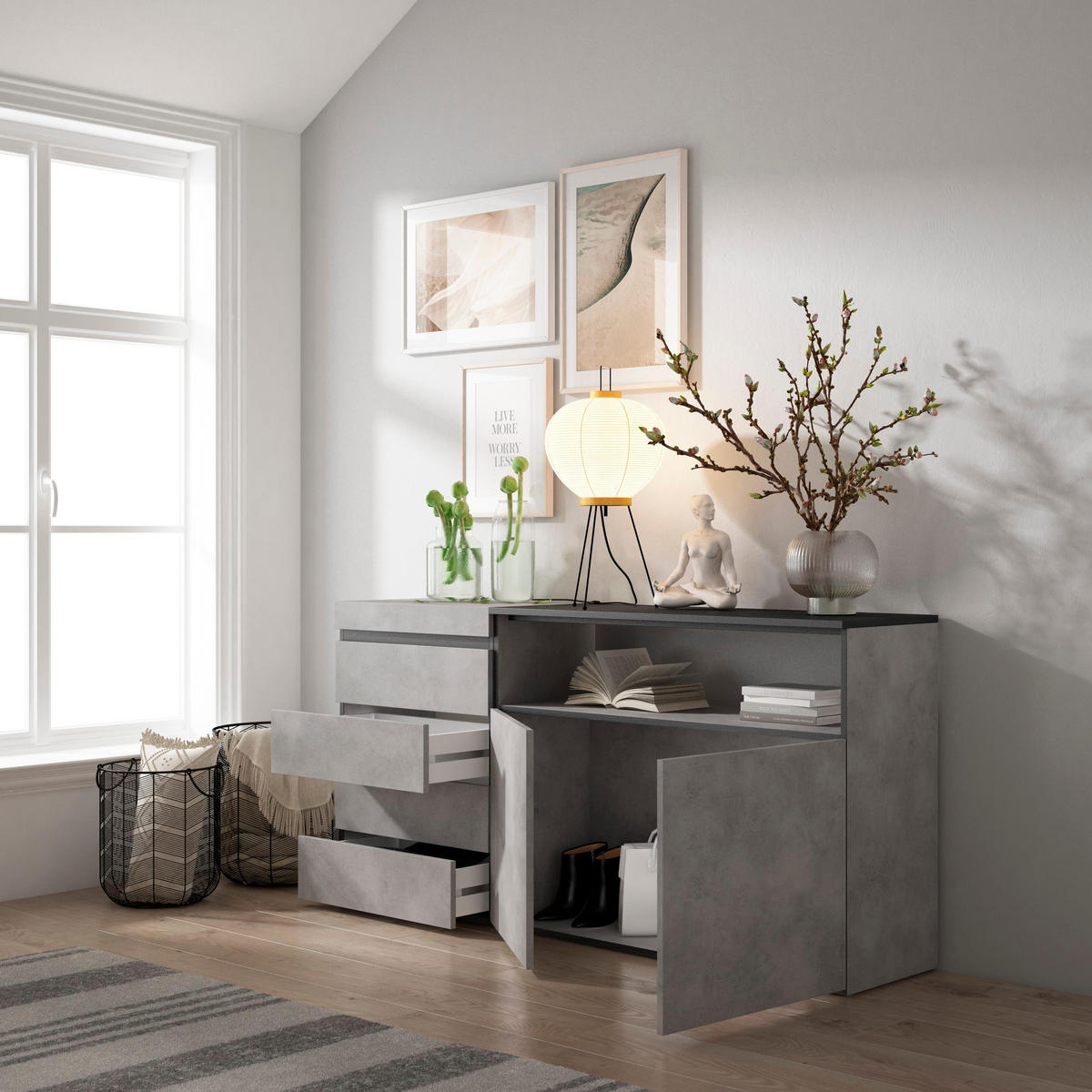 KOMMODE mit Schubladen, Sideboard Schrank, zementgrau, 158/35/75cm - Grau, Holzwerkstoff (158/75/35cm) - Skraut Home