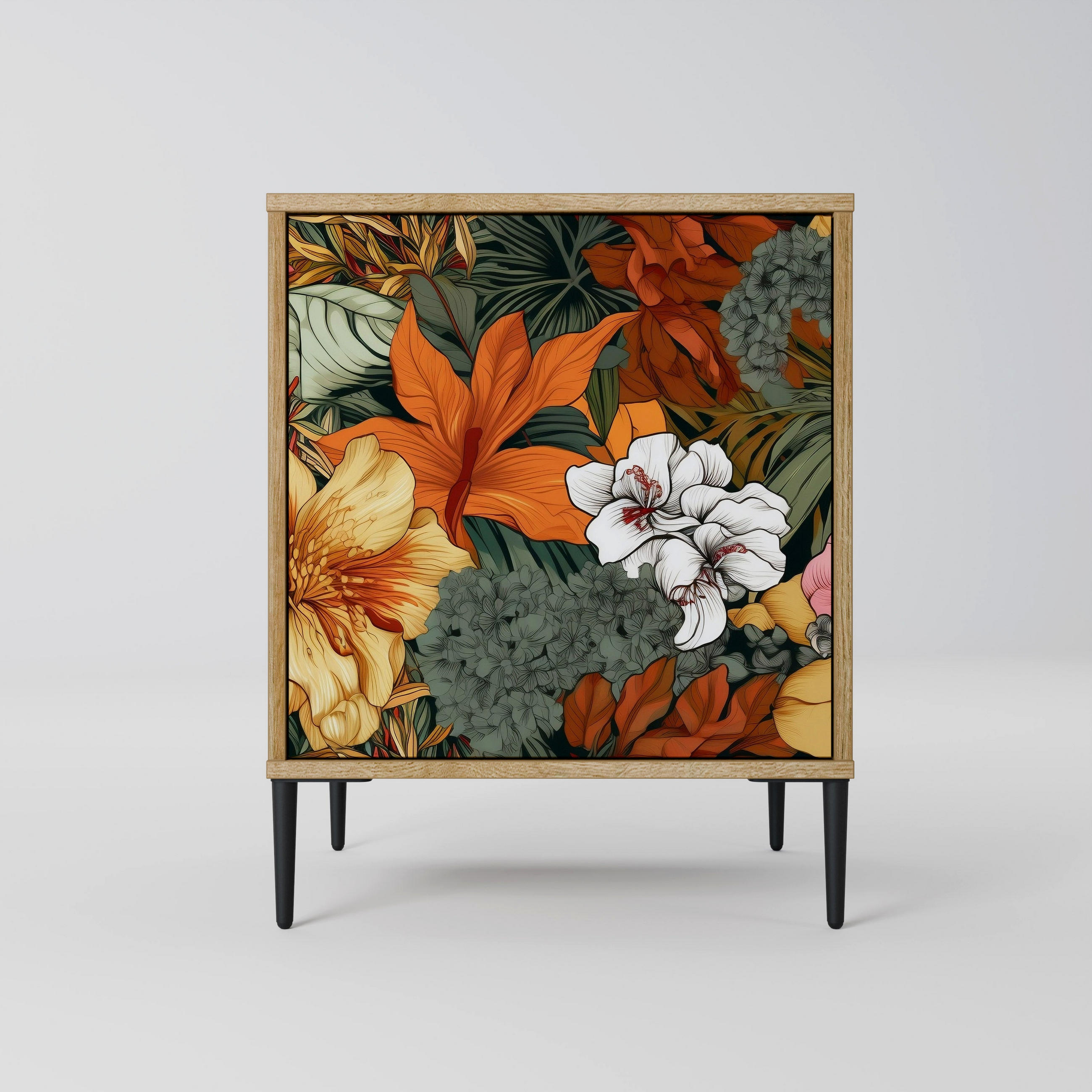SIDEBOARD RADIANT FLORA, Eichefarben, 57,5x42x72,5 cm, Schwarze Metallfüße - Eichefarben/Multicolor, Holzwerkstoff/Metall (57.5/72.5/42cm) - SpaceRebels
