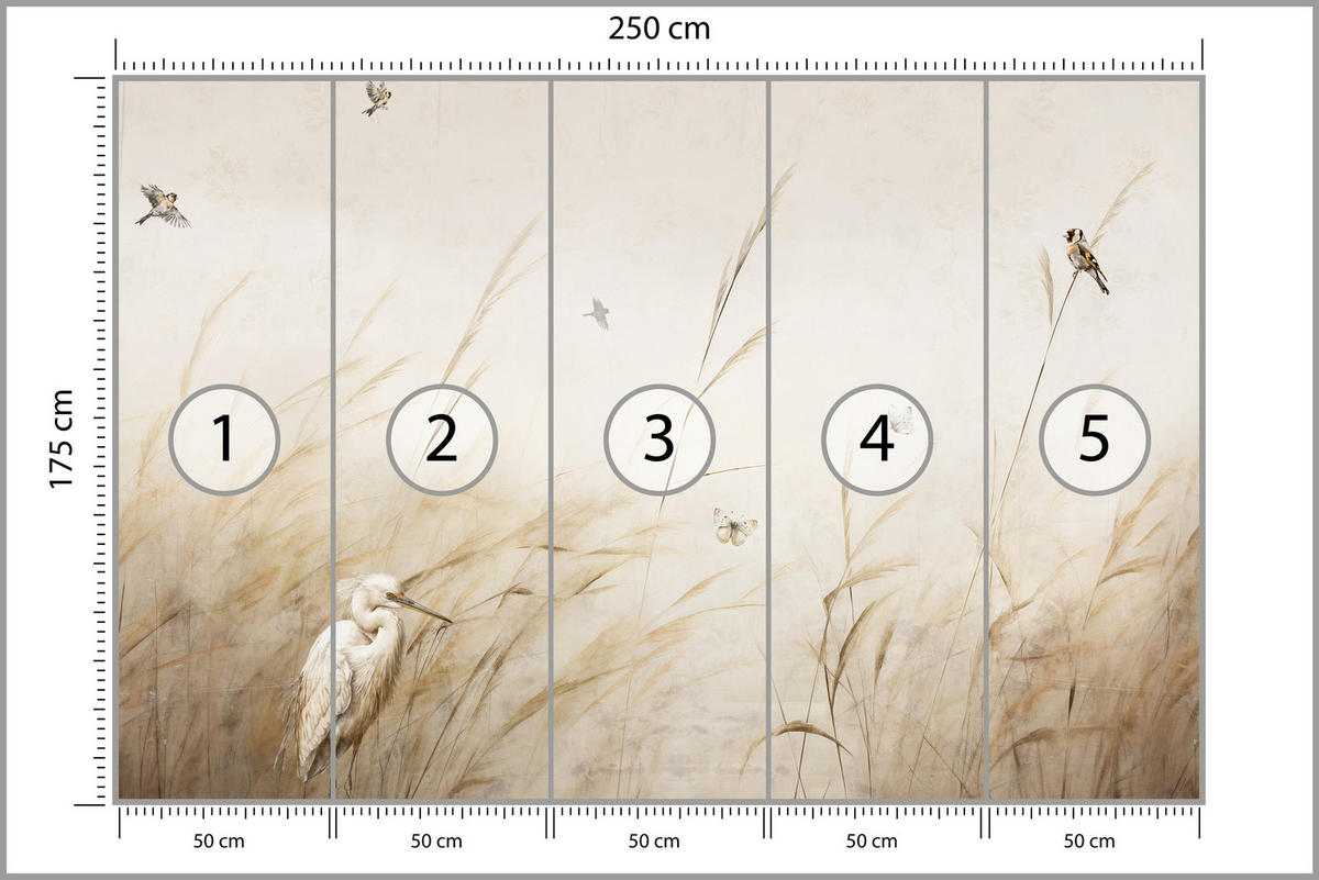 FOTOTAPETE für Schlafzimmer Vögel Storch Hohe Gräser Aquarell 250x175 - Beige/Gelb, Papier (250/175cm) - Muralo