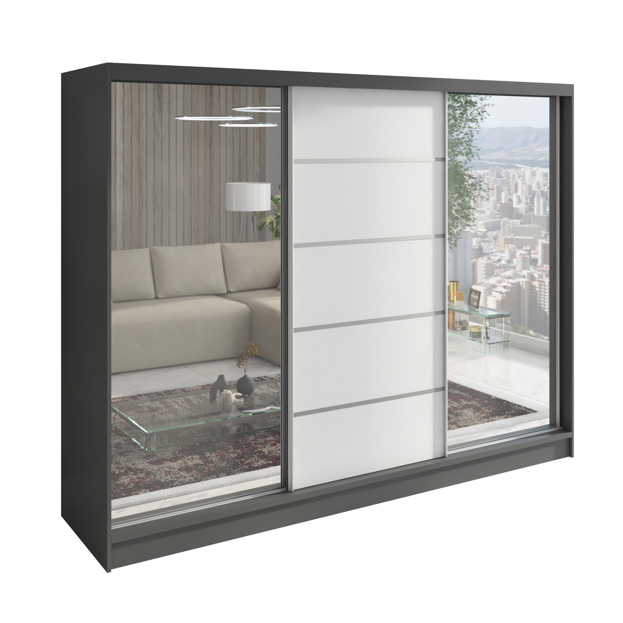 A&J MöbelLand SCHWEBETÜRENSCHRANK Graphit, Weiß 200cm × 60cm × 215cm