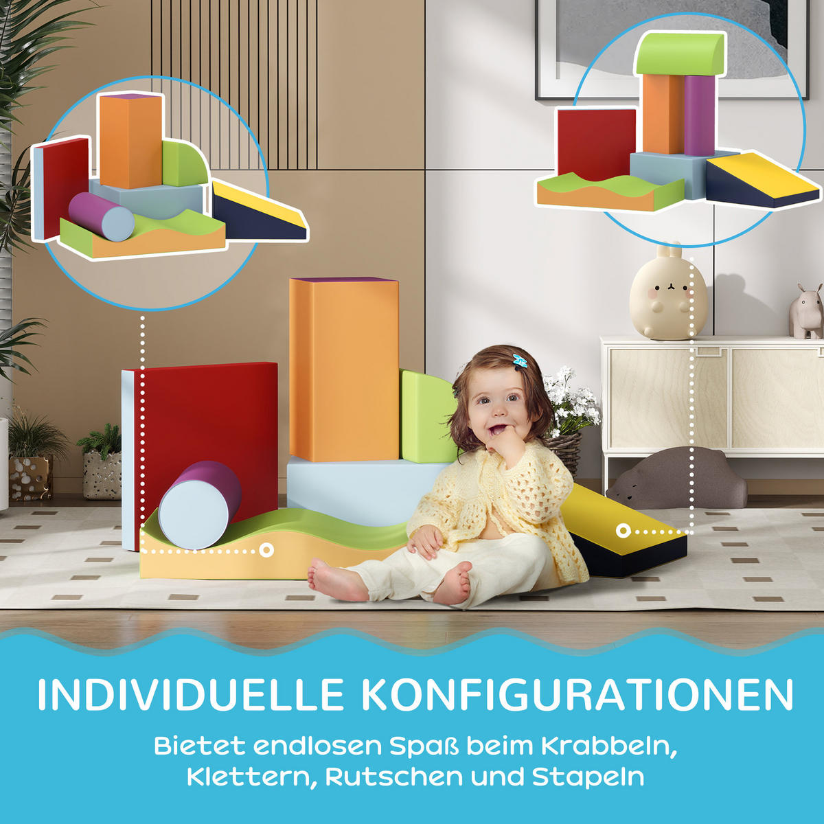BAUSTEINSET 7er-Set Schaumstoff Bausteine Bauspielzeug für 1-3 Jahre alt Kinder - Multicolor, Kunststoff (40/11/60cm) - HOMCOM