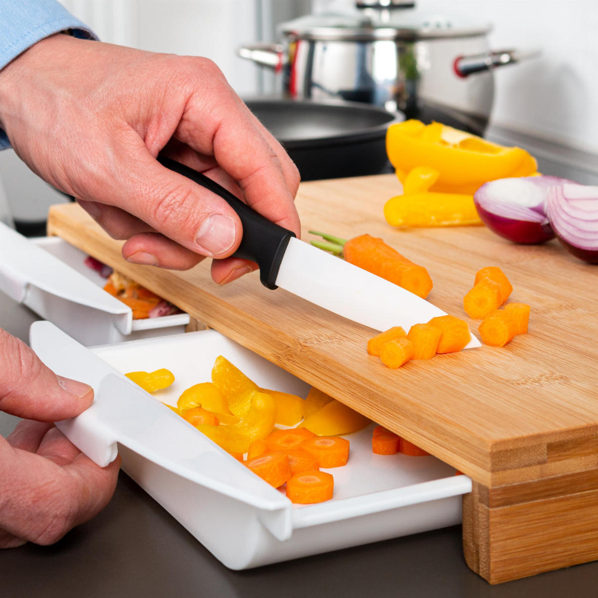 SCHNEIDEBRETT, mit 2 Auffangschalen, Bambus - Braun, Holz (49.5/28.5cm) - bremermann