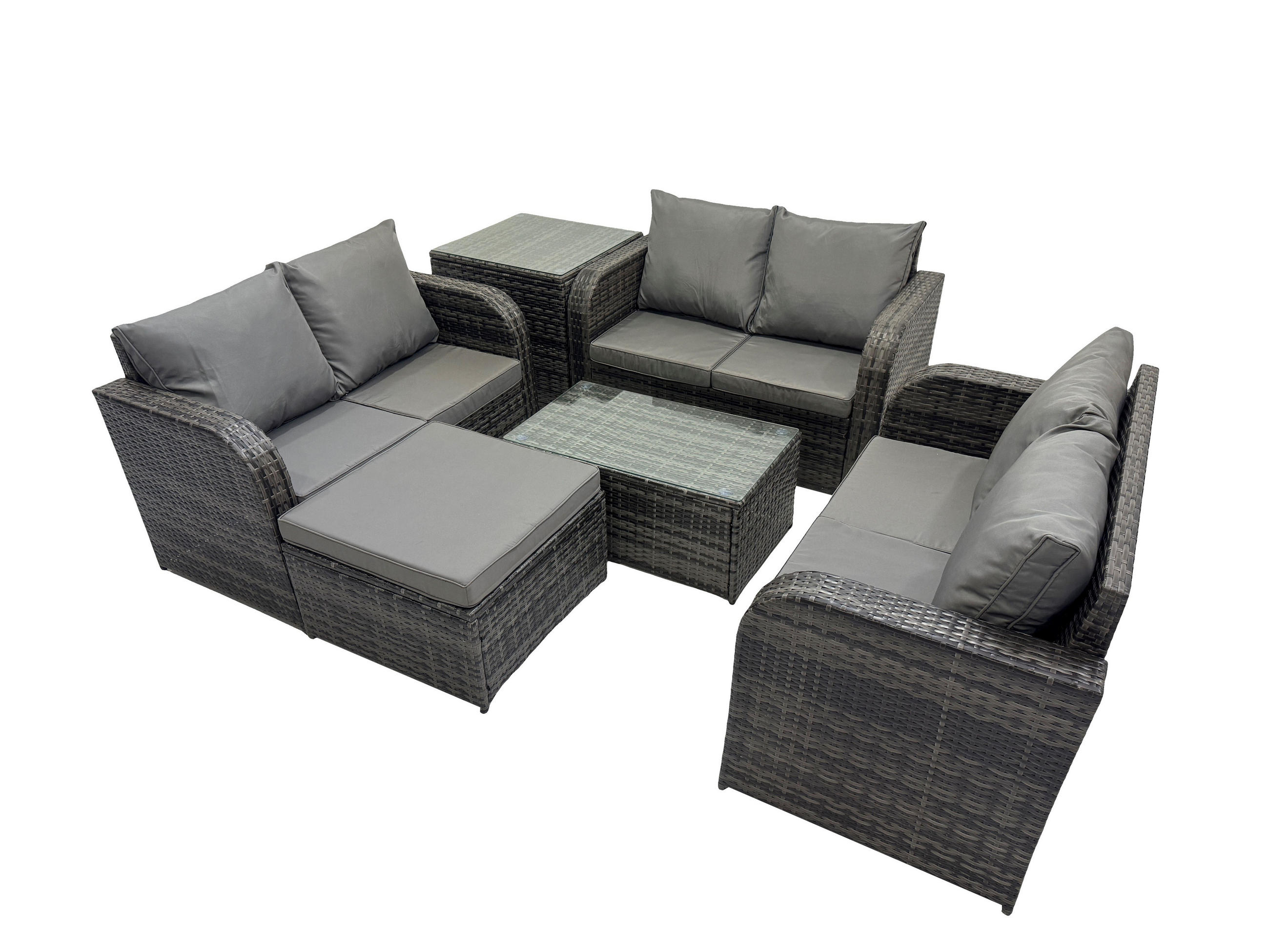 GARTENMÖBELGARNITUR mit KISSEN Polyrattan Dunkelgrau 7-Sitzer - Dunkelgrau/Grau, Glas/Kunststoff - Fimous
