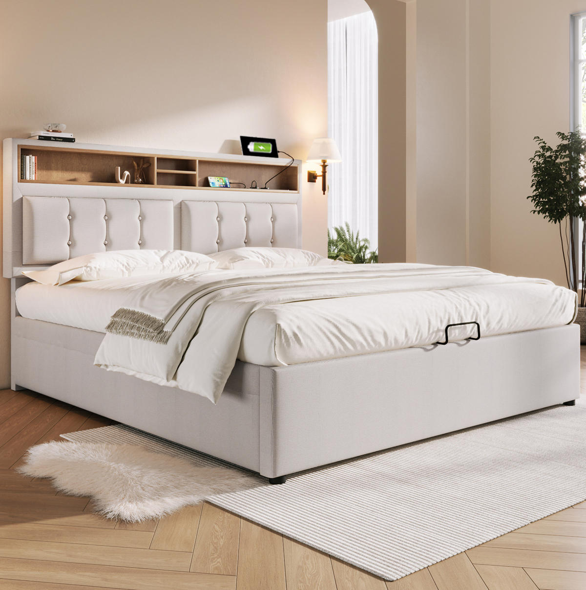 POLSTERBETT mit Stauraum und USB/Type-C 160x200 cm Leinen Beige - Beige, Metall (160/200cm) - Meubliv