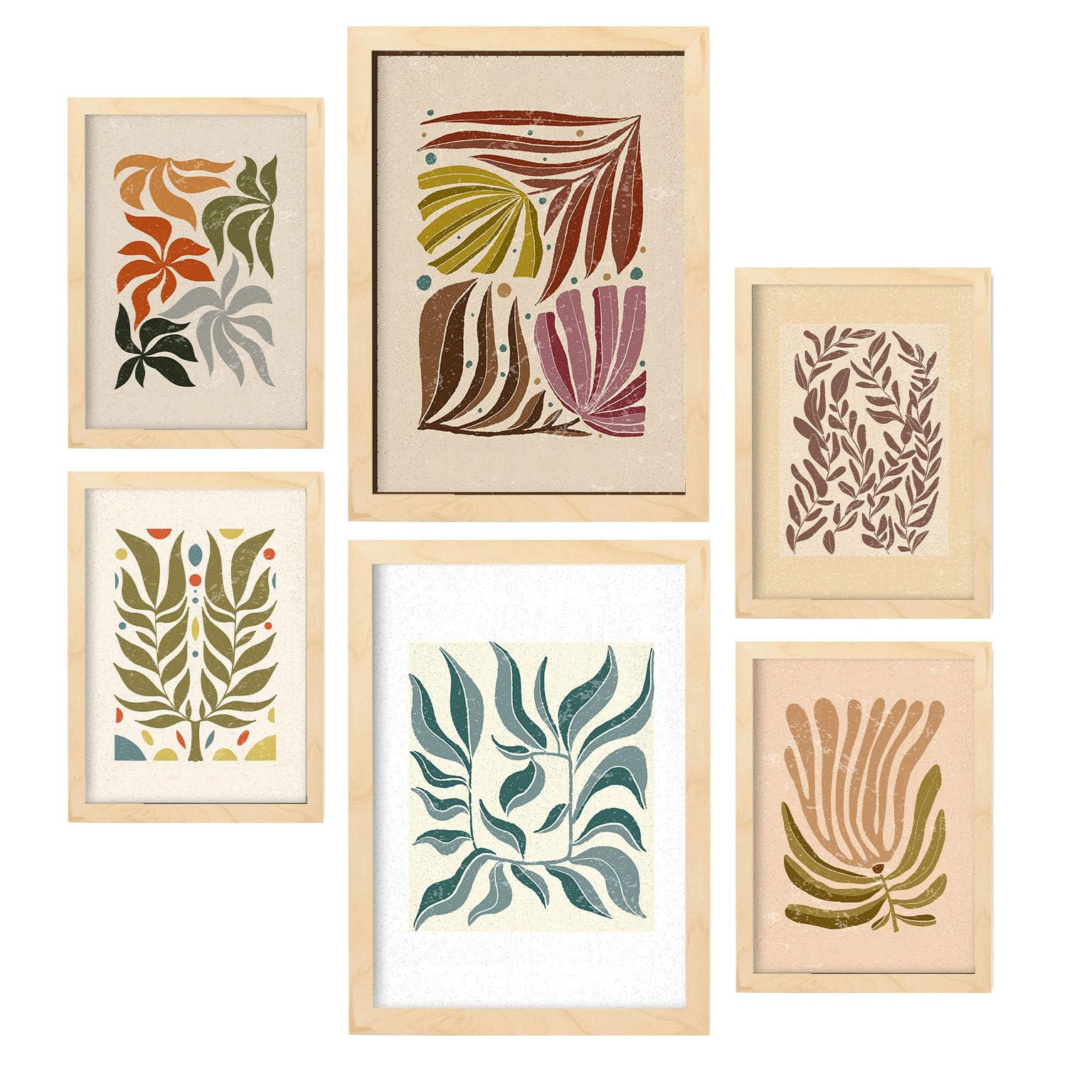 POSTER Set Mit 6 Drucken Von Blättern In Der Sammlung Ethnischer Ästhetische Dekorative Für Zuhause Wandkunstdruck A3 & A4 Rahmen Aus Hellem Holz - Beige, Papier (29/3cm) - Nacnic