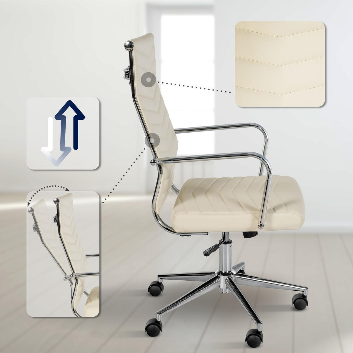 DREHSTUHL Lederlook Creme - Chromfarben/Creme, Textil/Metall (57/100/60cm) - CLP