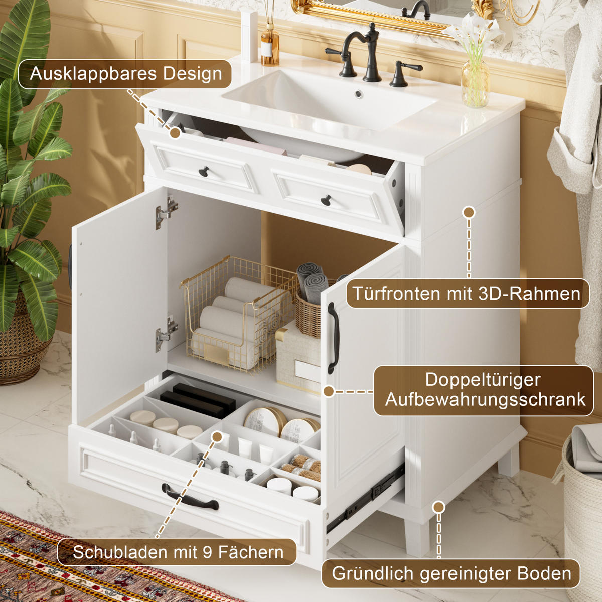 WASCHTISCH aus MDF und Keramik 77x46x86 cm Weiß mit integriertem Keramikbecken, Soft-Close und Stauraum - Weiß, Keramik (77/86/46cm) - Modfu